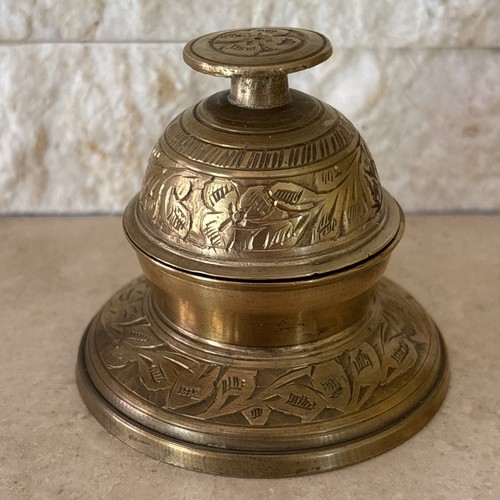 Vintage Solid Brass Elephant Claw Bell Engraved Leaf Pattern with Stand 2.5”