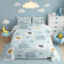 Feelyou Cartoon Elephant Bedding Set for Boys Girls Twin, Light Blue