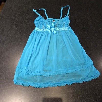 Passion Forever Blue Babydoll Lingerie Women s Small Sheer Mesh Lace Bow Trim