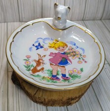 RARE Vintage French Baby Food Warming Plate Kitten Cork  Bunny Bird Floral HTF