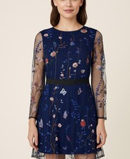New CBR Navy Floral Embroidered Dress Women  s M Long Sleeve Whimsigoth Fairycore