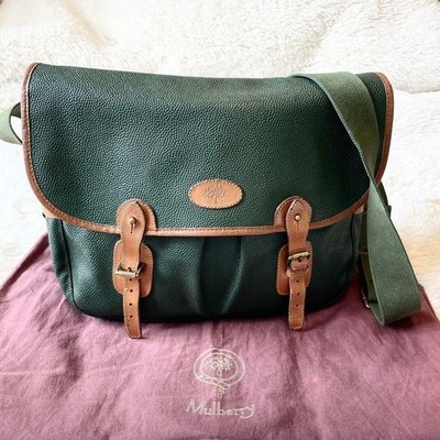 Mulberry Leather Messenger Bag Green Brown Crossbody Large Flap Strap