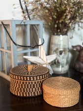 Set of Boho Wicker Rattan Handwoven Baskets With Lids Decor Trinket Box Coastal