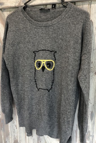 Owl In Eyeglasses Gray 100% Cashmere Sweater Bookish Preppy Librarian Aqua Large - Picture 12 of 14