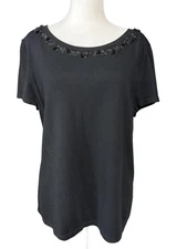 RSVP by Talbots Shirt Womens Large Black Beaded Floral Scoop Neck Short Sleeve