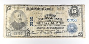 1902 $5 National Currency Nanticoke PA Ch#3955 Large Note Blue Seal a8082