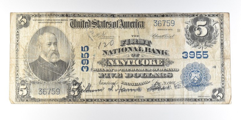 1902 $5 National Currency Nanticoke PA Ch#3955 Large Note Blue Seal a8082