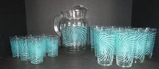 17 Pc Vtg 1958 Federal Glass Turquoise Pinwheel Beverage Set Pitcher & Glasses