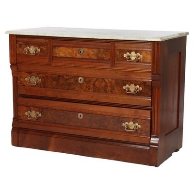 Antique Eastlake Walnut Five Drawer Marble Top Dresser C1890