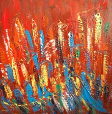 RED CITY   CITY  MODERN ABSTRACT Painting  Stretched   IMPRESSIONIST HHERGEertT