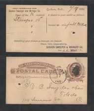 1886 GOSHEN SWEEPER & WRINGER CO GOSHEN IND ADVERTISING POSTAL CARD UX8