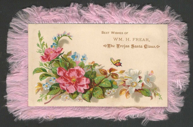 Advertising Holiday Card Wm H. Frear TROY NY  PINK FUZZY FRINGE