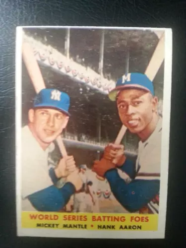1958 TOPPS #418 BATTING FOES MICKEY MANTLE HANK AARON EX-EX+ Crease Free