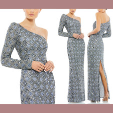 NWT $798 Mac Duggal [ 4 ] Embellished One Shoulder Asymmetrical Gown Slate #Q767