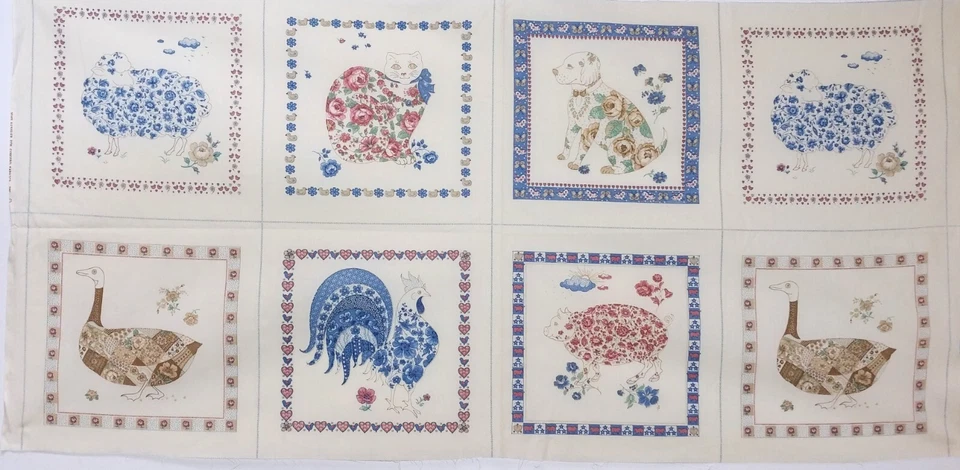 VTG Joan Kessler Cut & Sew Cotton Fabric 21"x 45" Farm Animals Country 8 Squares - Image 2 of 4