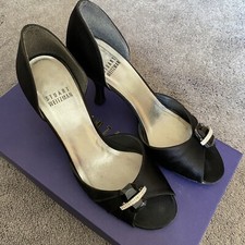 Stuart Weitzman Heels 5M Slip-On Evening Black Satin Open Toe Shoes