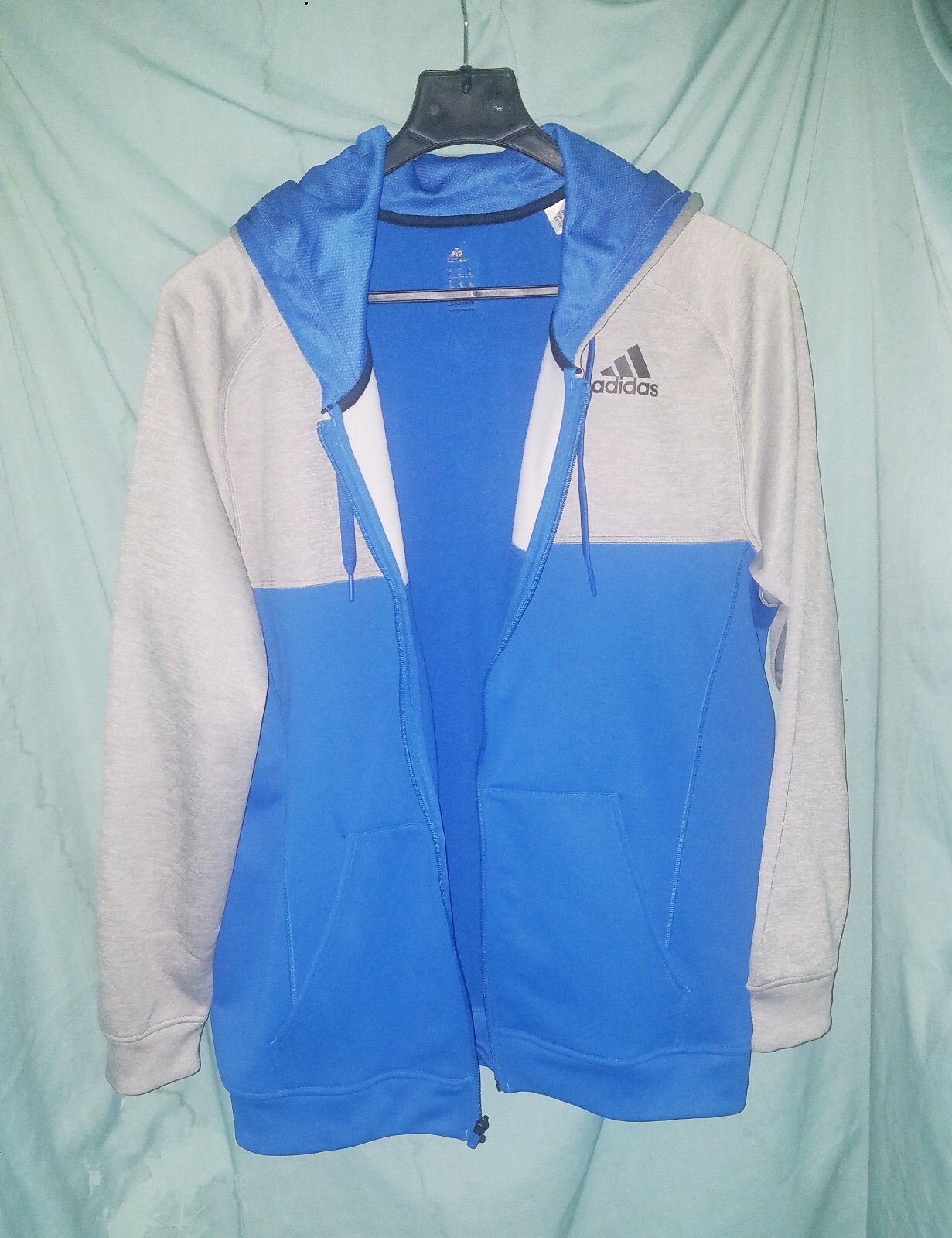 Blue And Grey Adias Pullover Zip Up Sweatshirt Hoodie w Drawstring Closure