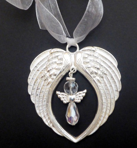 Silver Remembrance Double Arms Wings Crystal Guardian Angel Hanging Charm Gift - Picture 3 of 4