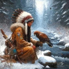 Native American Young Woman with Hawk Oil Texture