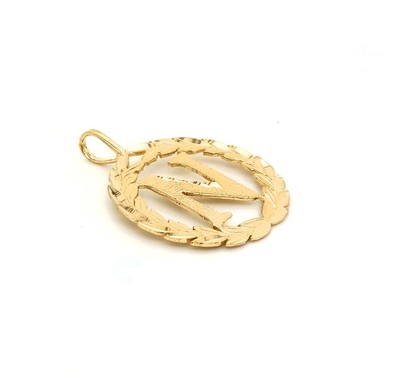 14k Yellow Gold Initial Pendant - Round Floral Wreath Letter 'T' Necklace, Diamond-Cut Finish