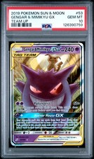 2019 POKEMON SUN & MOON TEAM UP #53 GENGAR & MIMIKYU GX PSA 10