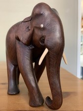 Hand Carved Vintage Elephant With Tusks, Large Figurine, Sculpture, Rosewood