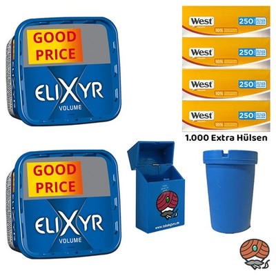 Elixyr Blue/Blau Volumentabak Eimer 2x 245g, West Yellow Extra Hülsen, Zubehör