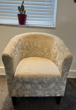Vintage Tub Chair In Grey & Cream Brocade Fabric Padded Seat Great Condition