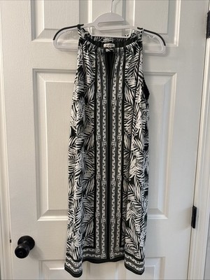 Max Studio Tropical Resort Wear Green and White Leaf Print Halter Dress Women M