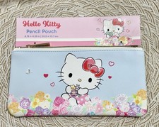 Sanrio Hello Kitty Pencil Pouch Light Blue Floral Zipper Canvas 8.75 x 4.25
