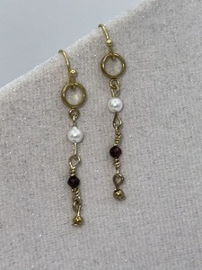 Authentic 14k Gold Plated Ear Wires, White Shell Pearl and Red Garnet Dangle Earrings