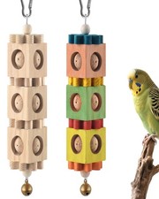 2 PCS Bird Chew Toys, Hanging Wood Parrot Toys with Bell, Beak Grinding  For...