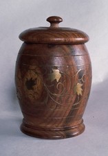 Turned Wood Utility Trinket Tea Spice Jar w Lid Inlaid Brass Floral Design India