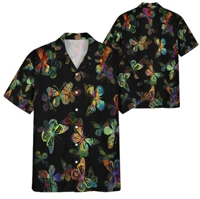 Butterfly Hawaiian Shirt, Colorful Black Aloha Button Up Shirt, Summer Gift Men