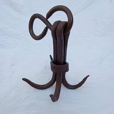 Primitive Antique Hand Forged Iron 4 Prong Meat Hook Heavy Duty Country Farm