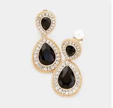 Clip on 1 3/4" gold, black and clear stone double teardrop earrings