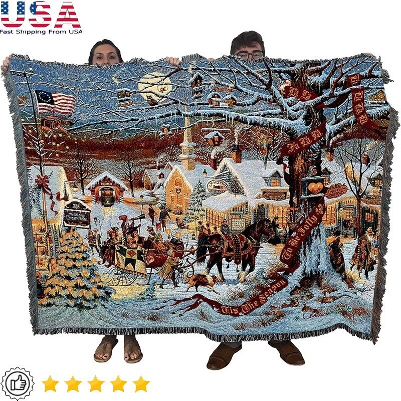 Sleigh Ride Christmas Blanket Woven Tapestry Cotton Throw Gift Home Decor 72x54