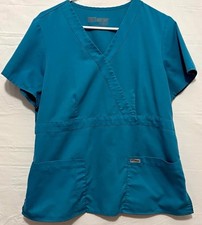 Grey's Anatomy Women s L Blue Solid V-Neck Scrub Top Polyester/Rayon
