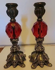 Set Of 2 Hollywood Regency Ruby Red Lucite & Brass Candlestick Holders 8"