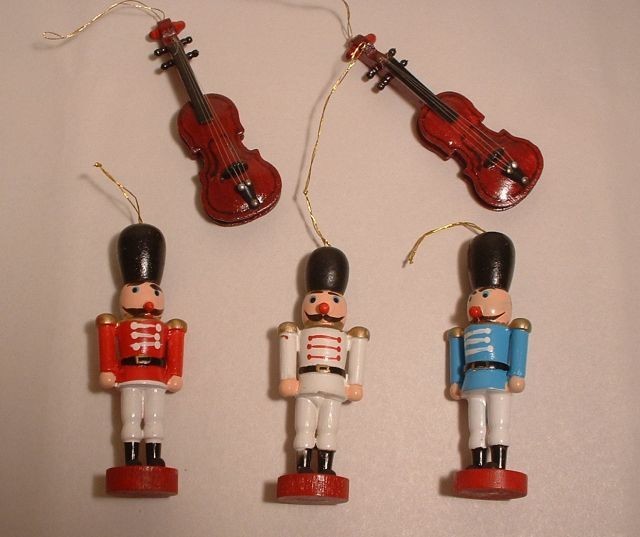 Old Christmas Tree Ornaments Wooden Violins or Cello Wooden Soldiers Lot of 5