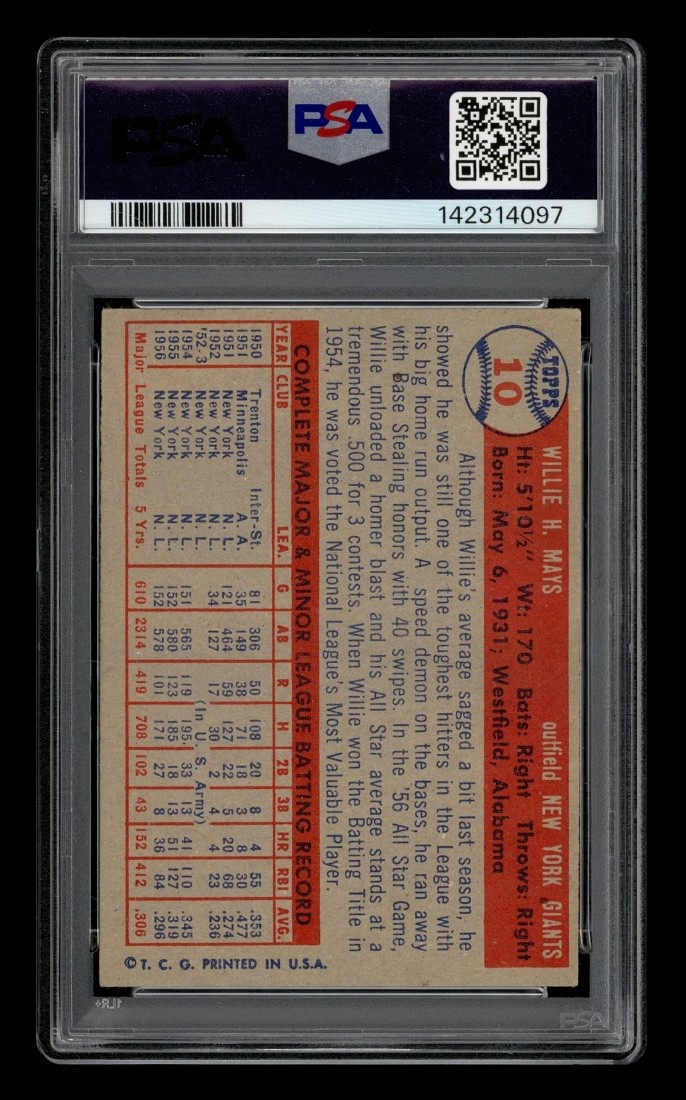 1957 Topps Set-Break # 10 Willie Mays PSA 4 VG-EX view 2
