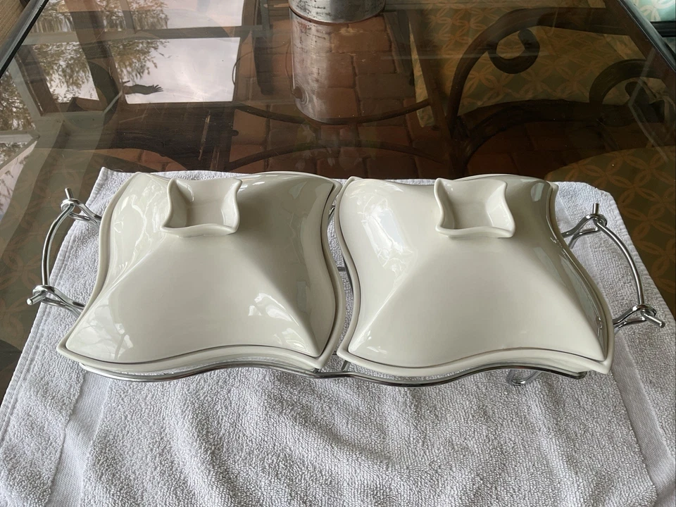 DOUBLE Siena by Godinger Bone (2) 1 Qt Pinwheel Casseroles With Warmer Stand - Image 3 of 4