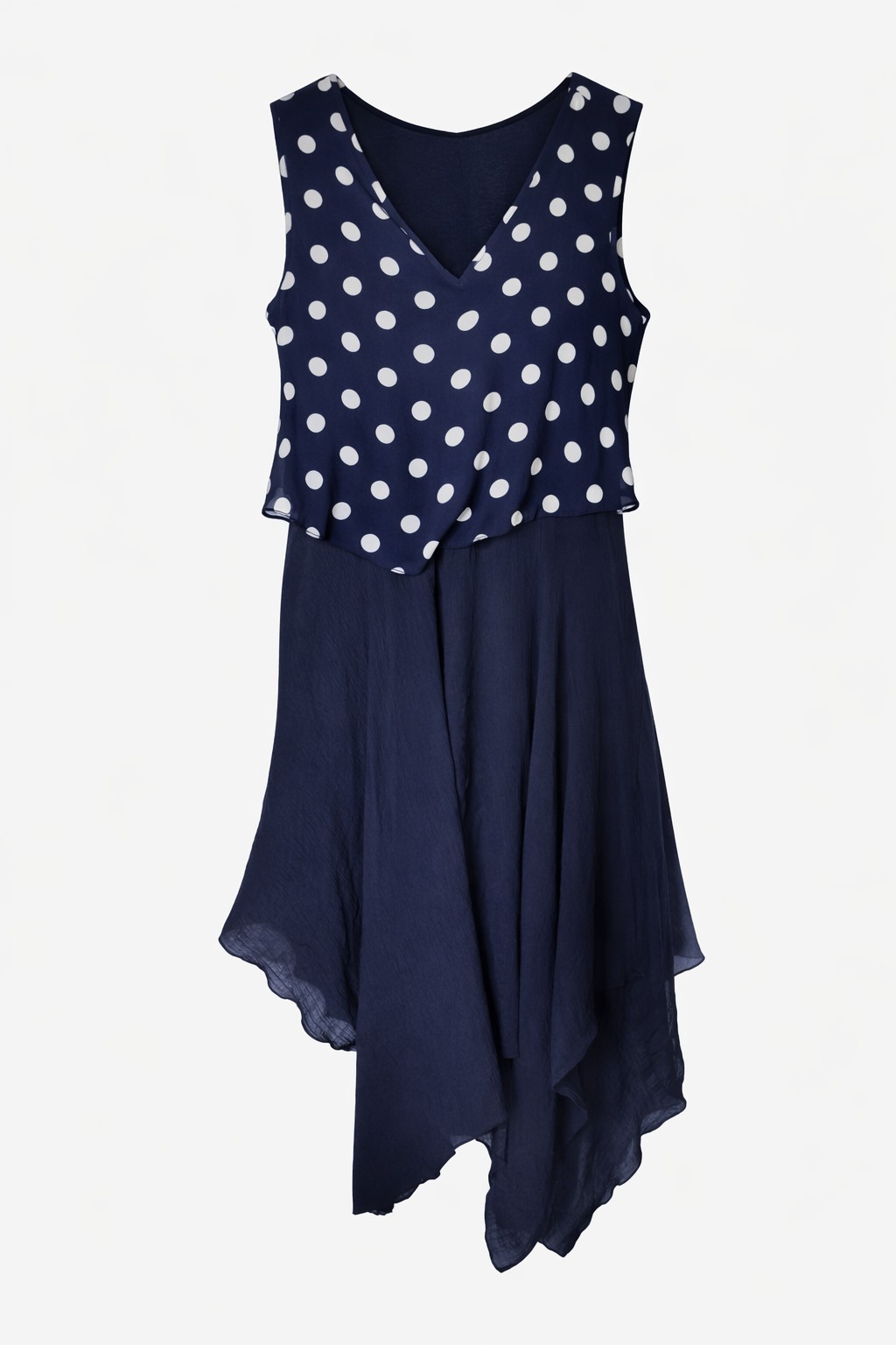 Mlle Gabrielle Women’s Navy Polka Dot Asymmetrical Dress Size L Sleeveless