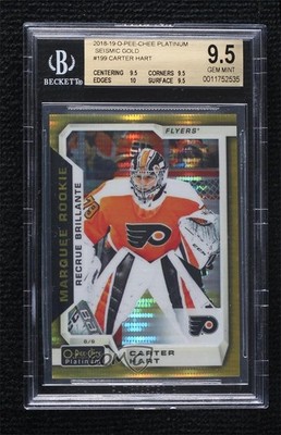 2018-19 O-Pee-Chee Platinum Seismic Gold 34/50 Carter Hart BGS 9.5 Rookie RC 0c3