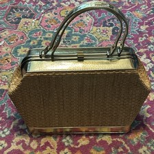 Vintage Markay Bags Gold Straw Satchel Handbag Kiss Lock Closure Made In USA