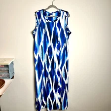 Chico's Long Maxi Shift Dress Bohemian Tie Dye Bright Blue Resortwear Beach 16