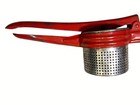 Red Metal Potato Ricer With Perforated Basket And Press Handle Vintage — photo 1