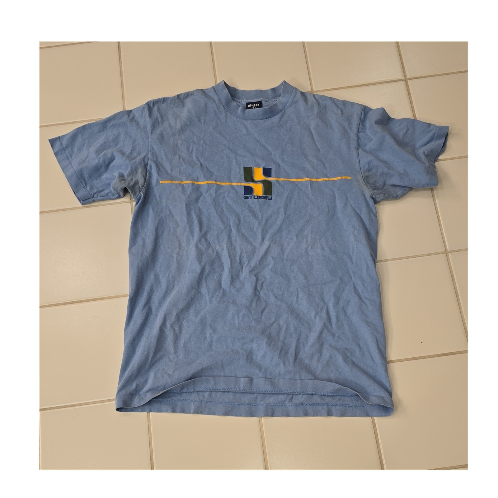 Rare VTG Stussy Graphic Logo Print Blue Crew Neck Men's T-Shirt Size L