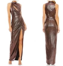 Mac Duggal 27085 Halter Neck Liquid Metallic Mocha Brown Slit Ruched Sz 8 NEW