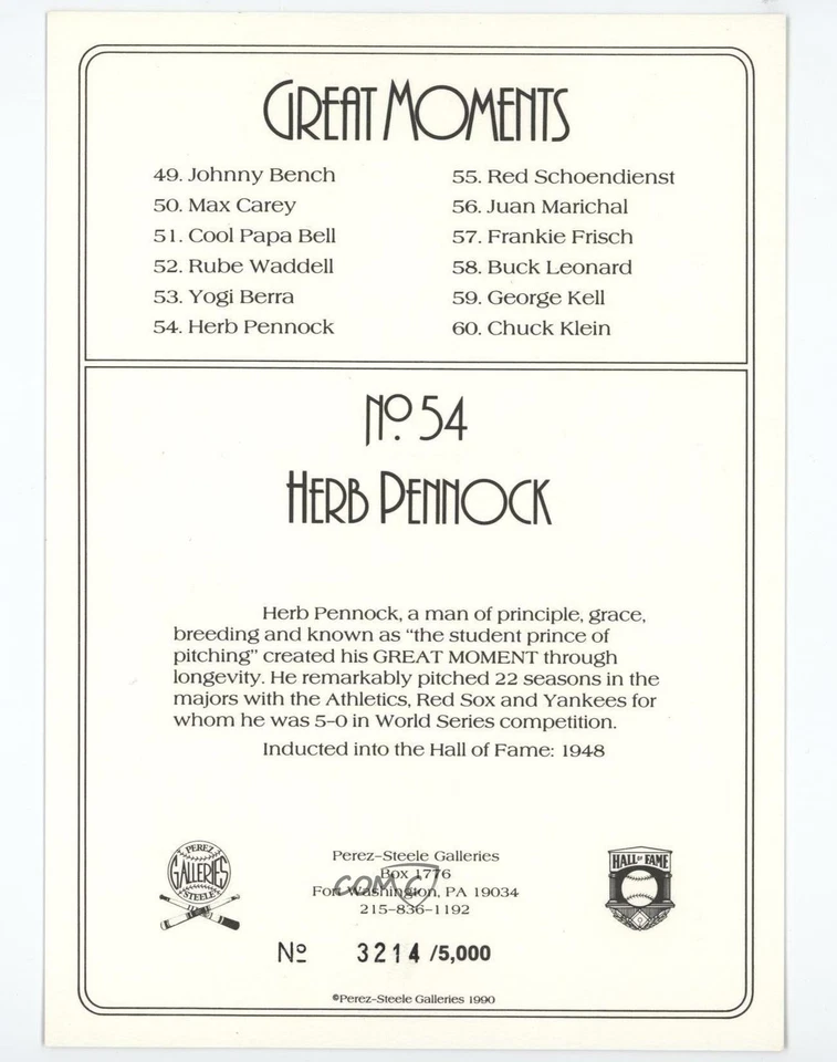 1985-97 Perez-Steele Great Moments /5000 Herb Pennock #54 HOF - Image 2 of 2